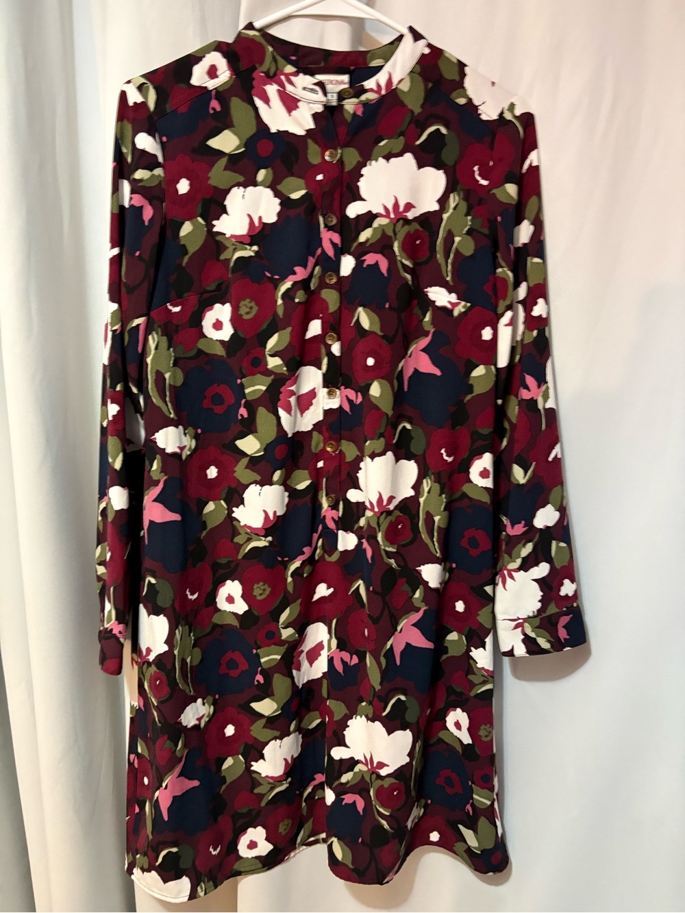 Merona Floral Button-Front Long-Sleeve Dress in Burgundy, White and Olive